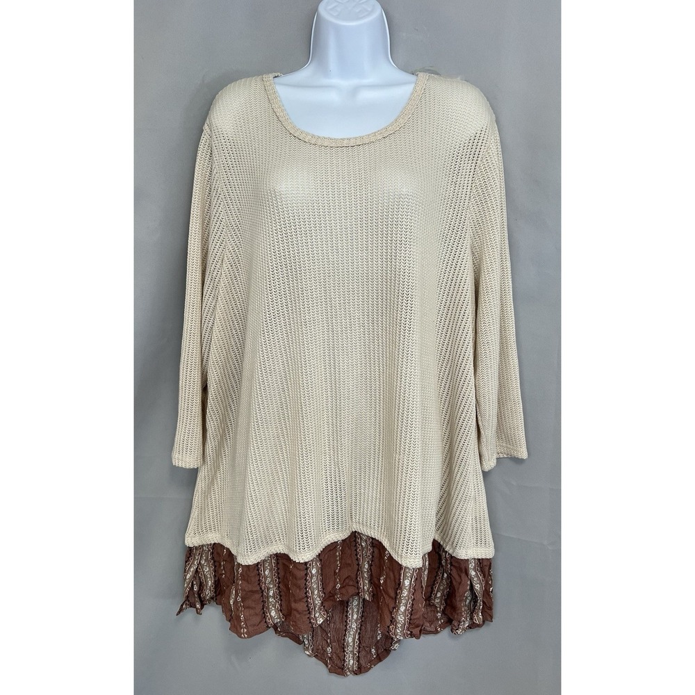 Janette Plus Blouse Top Long Sleeves Women's Plus Size 3X‎ Cream Brown